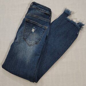 Risen Distressed Denim Jeans Womens Size 1/25 High Rise Frayed Hem Straight Blue